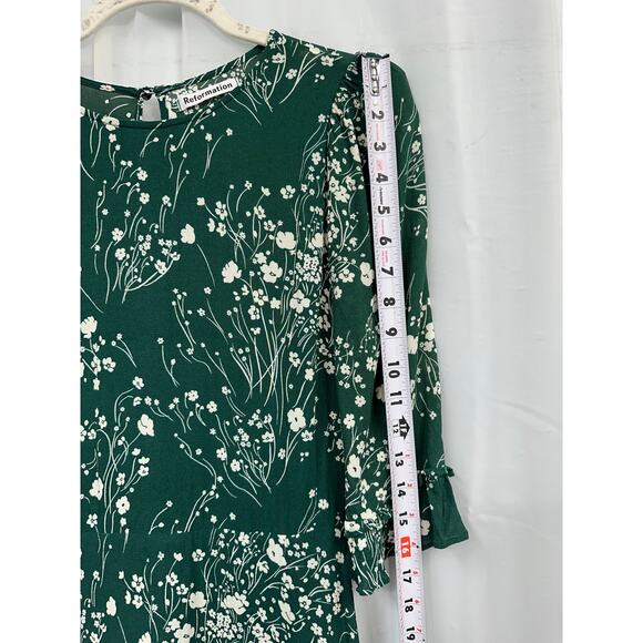 Reformation 8 Doutzen Floral Mini 3/4 Sleeve Dress Ruffle Fir & Flare Lake Green - Picture 9 of 15